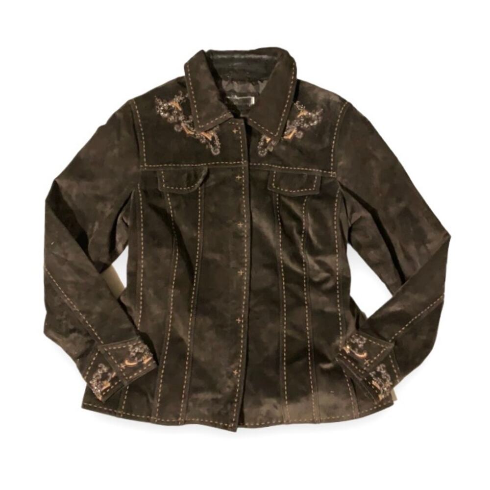 Y2K Brown Suede Leather Beaded Floral Boho Jacket Large